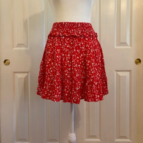 Zara Red Floral Flounce Mini Skirt w/Smocked Ruffled Waist & Ruffled Hem Size XS - Picture 1 of 7